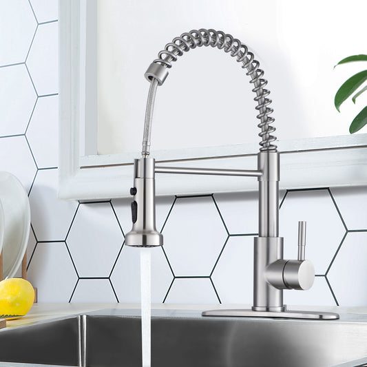 Single Handle 1 Hole High Arc Spring Kitchen Sink Faucet with 3-function Pull Down Sprayer Hot and Cold water pipes