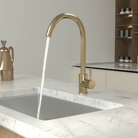 High Arc 360° Swivel Spout Single handle Matte Black or Gold Kitchen Bar Sink Faucet with Water Supply Hoses