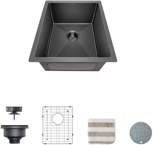 Gloss Black Ceramic Coating with NanoTek Undermount Kitchen Sink 16 Gauge T-304 Stainless Steel Single Bowl Wet Bar or Prep Sink